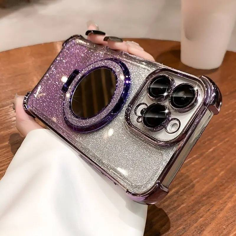 Glitter Mirror Magnetic Stand Case For IPhone 15/14 - Transparent Soft TPU With Reinforced Corners & Electroplated Finish_voghion.com
