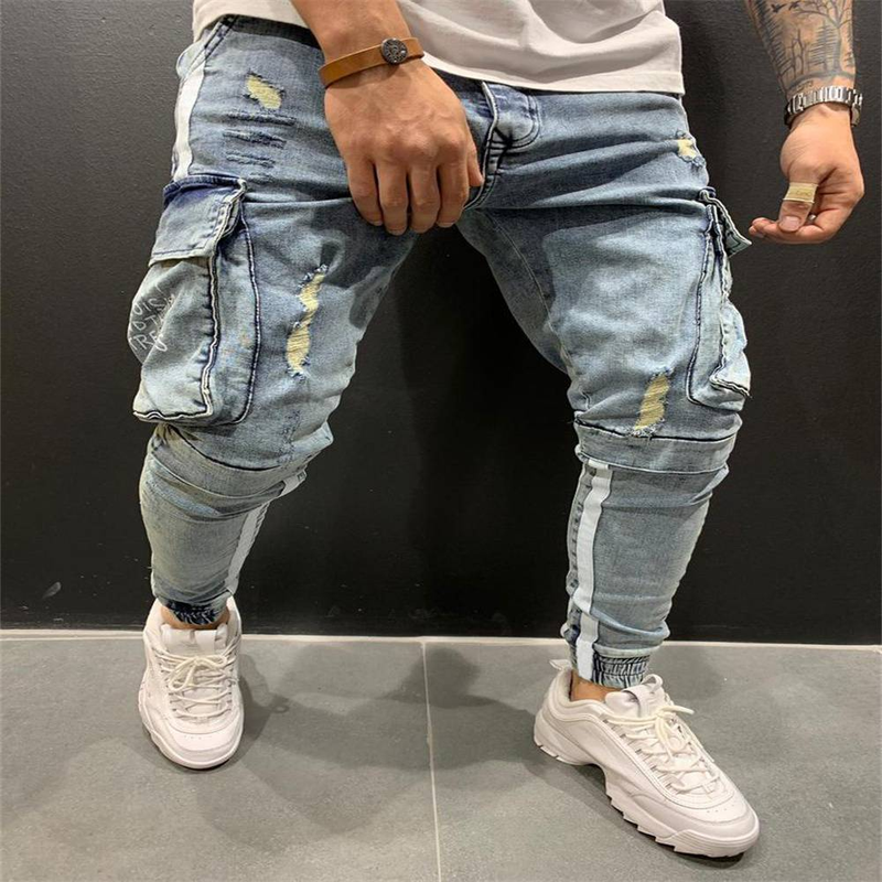 Jeans cargo alla moda 2025 da uomo in cotone, a vita media, con cerniera, con fori rotti e piedi legati, pantaloni in denim_voghion.com