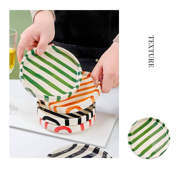 Hand-Painted Ceramic Plate - 9 Inch Korean Style Striped Dessert Plate With Raised Edge For Food Presentation (Set Of 4)_voghion.com