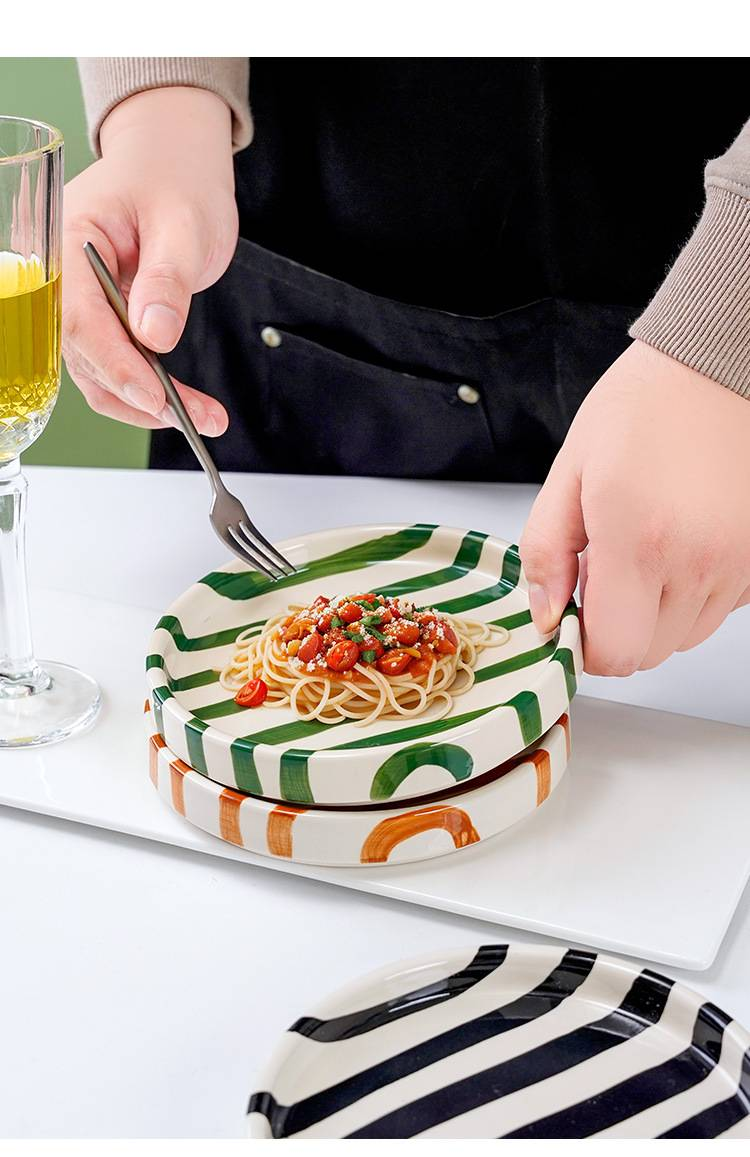 Hand-Painted Ceramic Plate - 9 Inch Korean Style Striped Dessert Plate With Raised Edge For Food Presentation (Set Of 4)_voghion.com