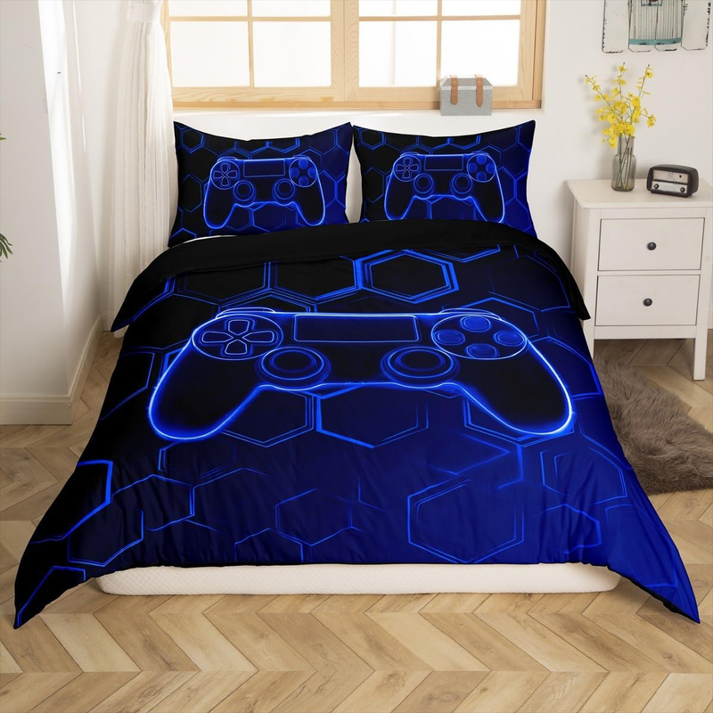 Gamer-Bettbezug-Set für Kinderbett, Jungen, Teenager-Schlafzimmer, blaues geometrisches Waben-Bettwäsche-Set, sechseckiger Gaming-Bettbezug mit 2 Kissenbezügen_voghion.com
