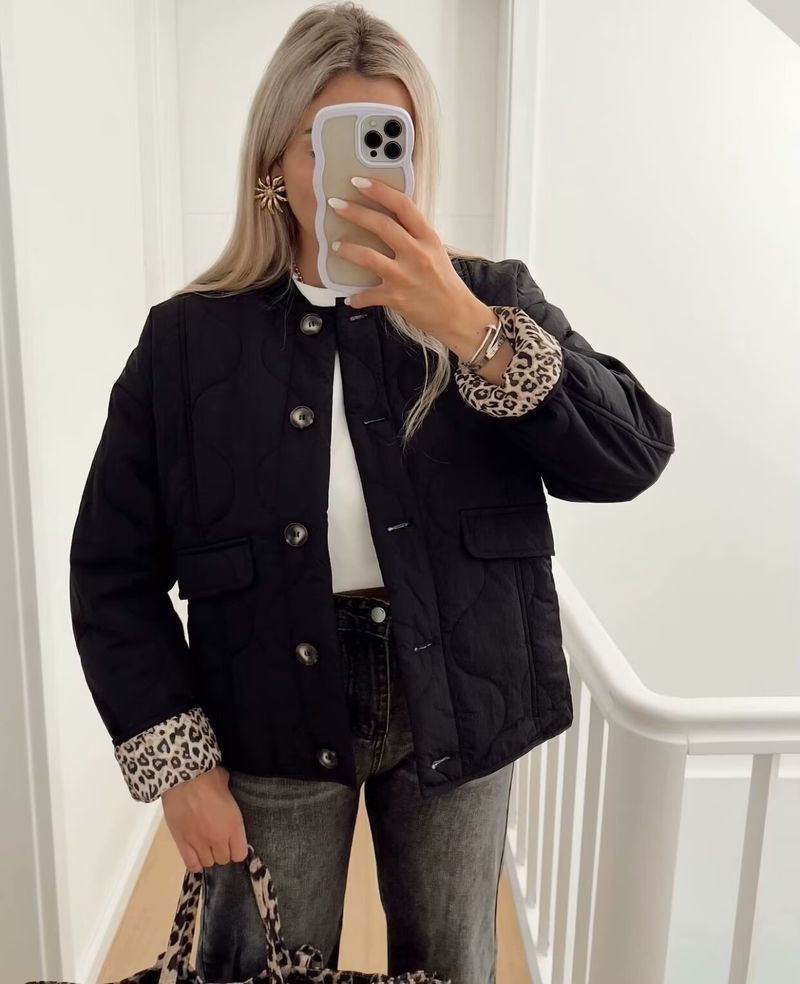 Women's Street Fashion Quilted Puffer Jacket For Autumn Winter - Lightweight Warm Coat With Button Closure, Round Neck, Long Sleeve_voghion.com