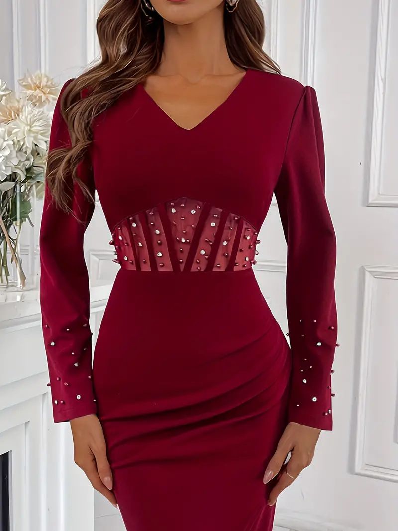 Abito elegante da donna con maniche lunghe con perline, abito di lusso_voghion.com