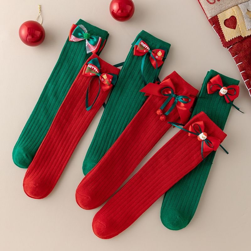 Calcetines para niños Otoño e invierno Calcetines con lazo rojo Calcetines de algodón rojos para niñas Calcetines navideños_voghion.com