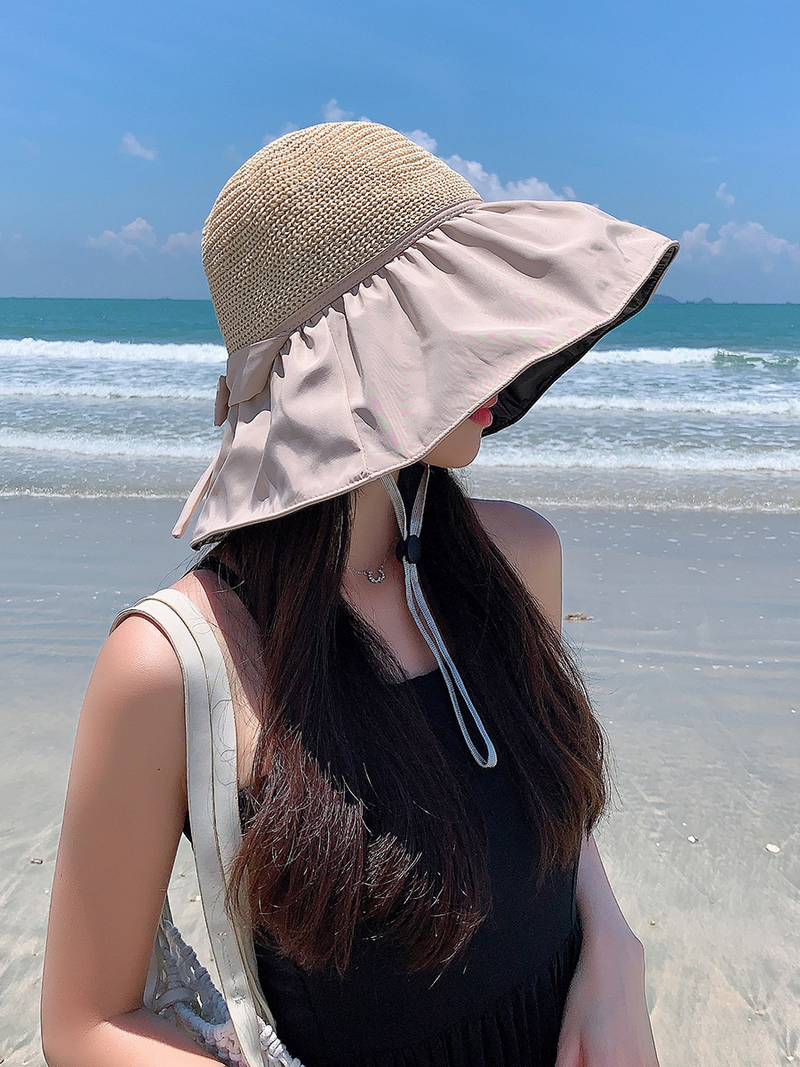 Schwarzer Kunststoff-Strandhut Sonnenhut Damen Sommer hohler Strohhut UV große Krempe Gesichtsbedeckung Sonnenschutzhut Großhandel_voghion.com