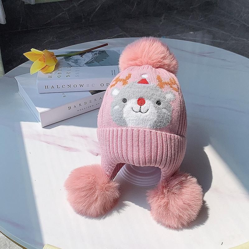 Cappello invernale in lana nuova, motivo natalizio con alce, modello a tre palline di pelo, protezione antivento e calda per le orecchie, versatile cappello lavorato a maglia per bambini_voghion.com