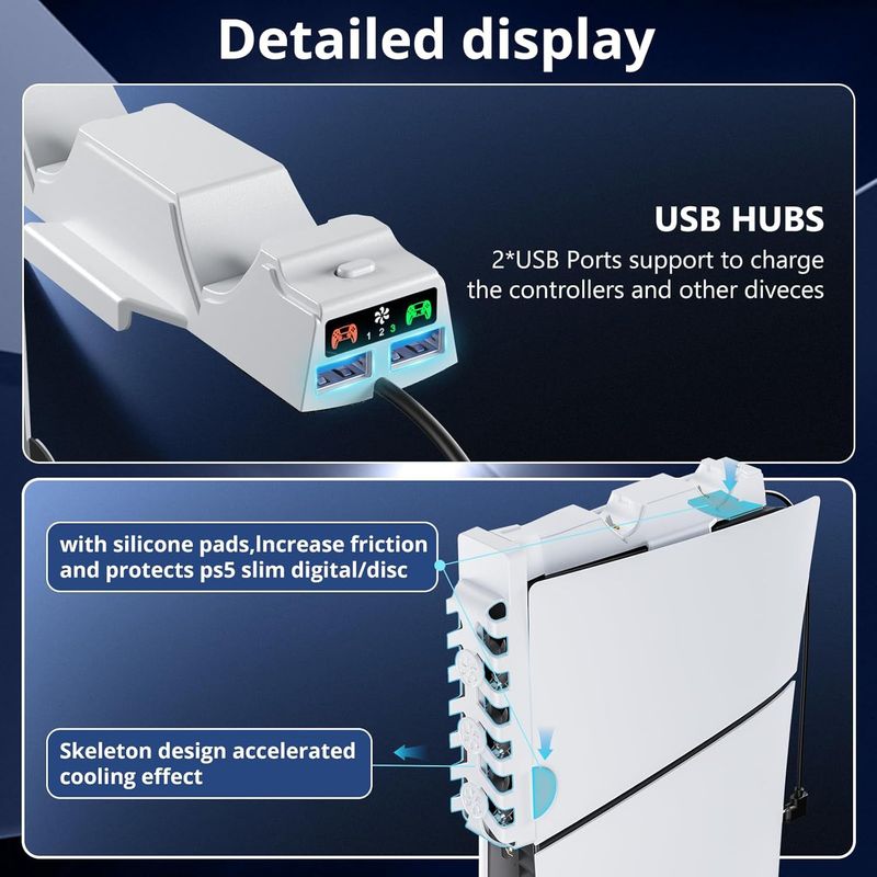 Support de ventilateur 2 en 1 pour PS5 SLIM, chargeur, contrôleur P5, station de charge, refroidissement de la console, éclairage RVB, espace de rangement_voghion.com