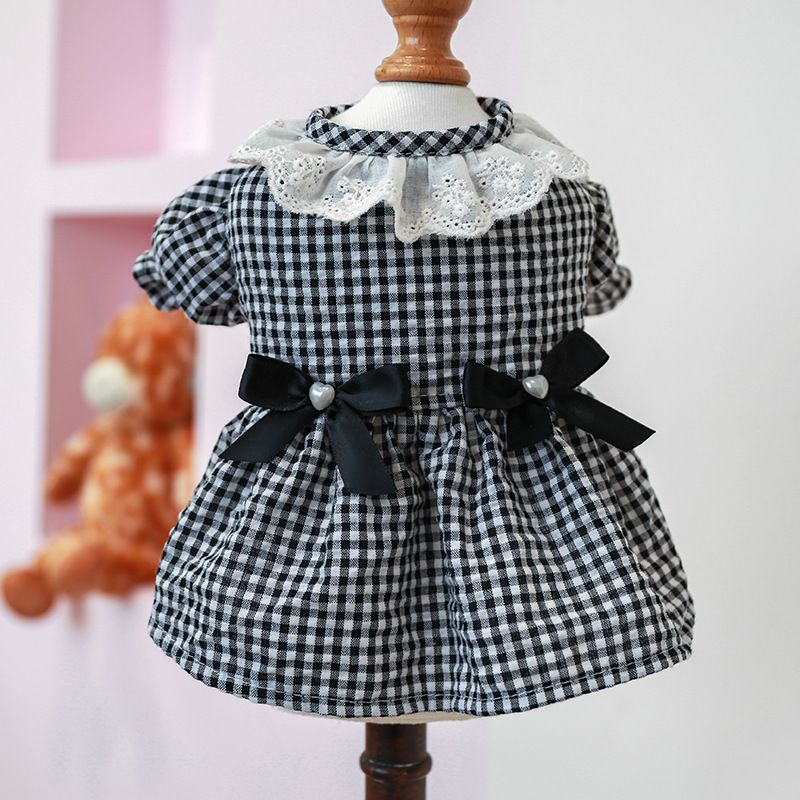Pet Circle Dog Clothing Cat Clothes Bowknot Lace Collar Edge Black And White Plaid Princess Heart Pearl Dress_voghion.com