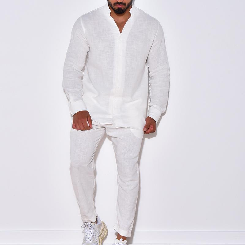 Sports men's linen, autumn casual set, long sleeved fashionable work suit, two piece pants set_voghion.com