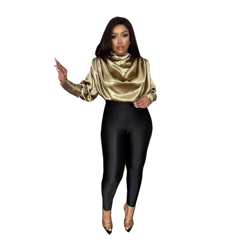Women's woven tops fashion loose high collar long sleeves slim short tops _voghion.com