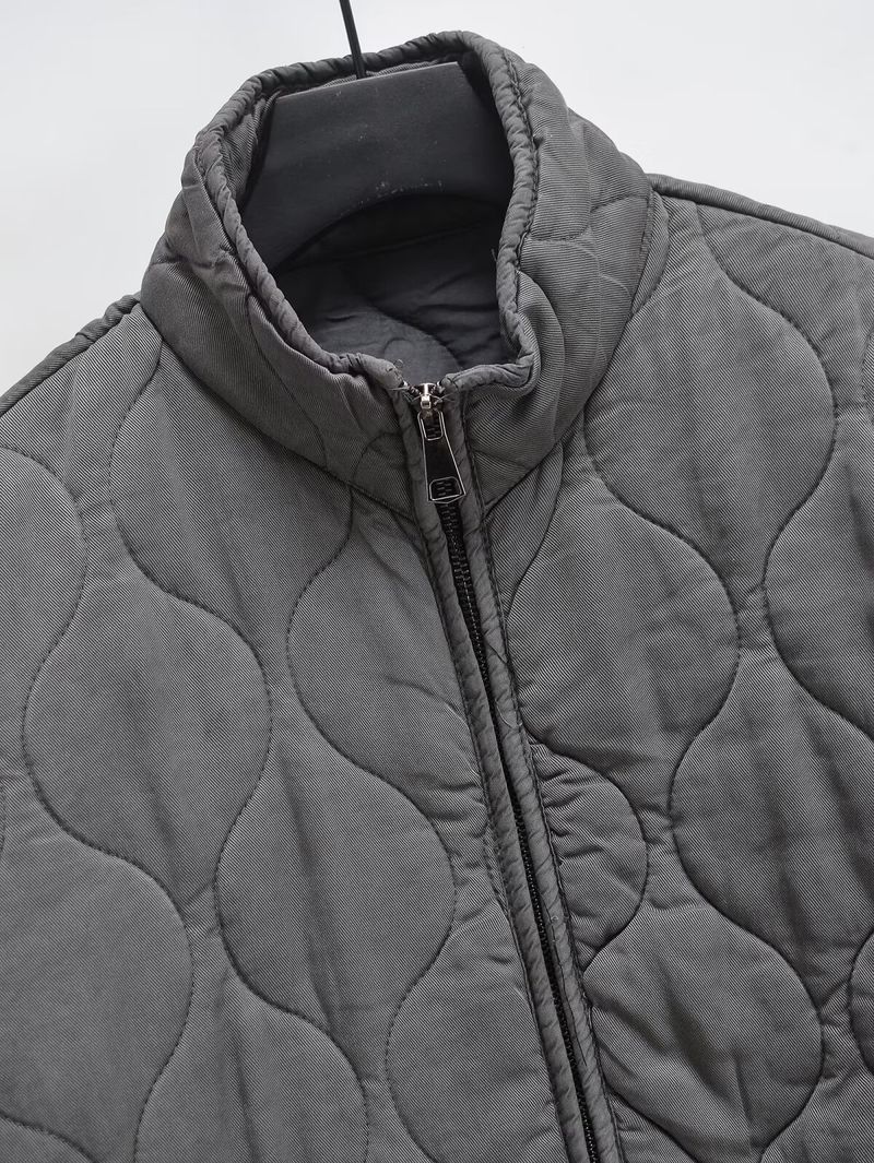 Vintage-inspirierte Steppjacke für Damen – Gemütlicher, locker sitzender Mantel mit Stehkragen und klassischem Schachbrettmuster (Grau, Schwarz, Beige, Khaki)_voghion.com
