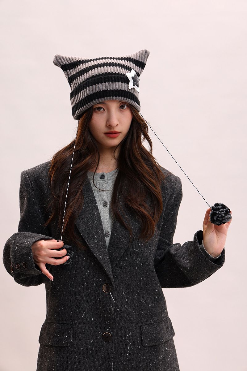 Abi-Stil handgemachte süße Fünf-Sterne-Katzenohrstreifen Dämon Wärme Abdeckung gestrickte Ball Pullover Hut weiblich_voghion.com