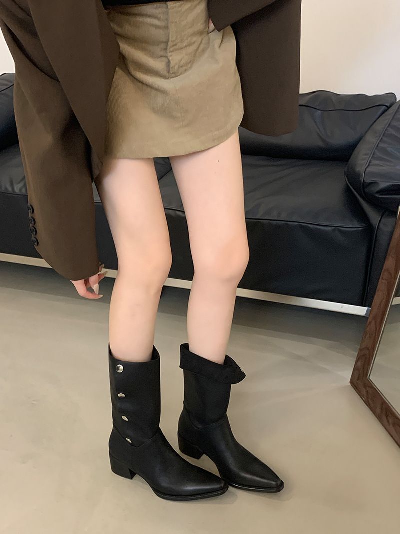 Damenschuhe Stiefeletten Herbst Neue Stiefel aus weichem Leder in geriebener Farbe Metall versteckte Schnalle kann gefaltet werden Zwei Tragemöglichkeiten Retro-Ritterstiefel mit dickem Absatz_voghion.com