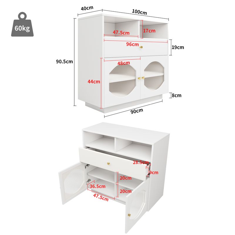 Küchenschrank Weiß 100x90,5cm Mit Glastüren, Credenza Für Küche & Wohnzimmer_voghion.com