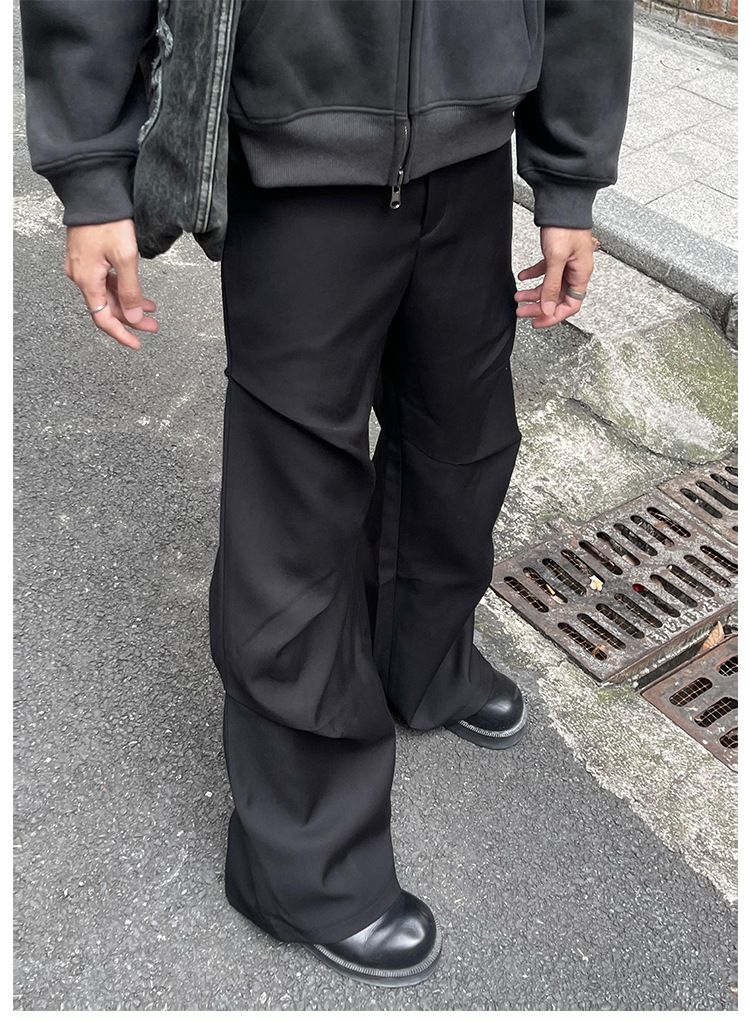 American Style Elastic Waist Loose-fit Casual Trousers 280gm Sensibility Ruffled Wide-leg Pants Men's Tuxedo Suit Pants_voghion.com