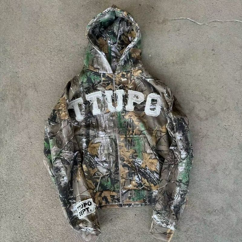 Herenkleding Retro Street Hip Hop Ritsjack Camouflage Letter Trendy Merk Capuchon Losse Sweatshirt_voghion.com