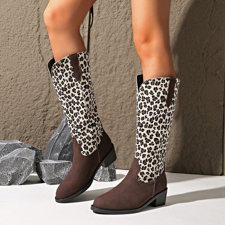 Große Leopardenmuster-Farbblockierung 2024 Herbst neuer Stil spitze vielseitiges Temperament Westernmode Stiefel_voghion.com