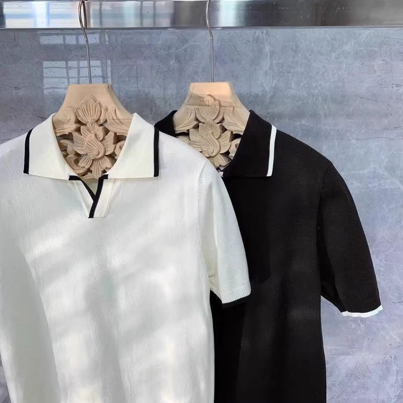 Männerkleeder Summer Kontrastfaarf mëll bequem reife Trend Mark gestrickte Poloshirt Männer Retro Revers Kuerzärm T-Shirt_voghion.com