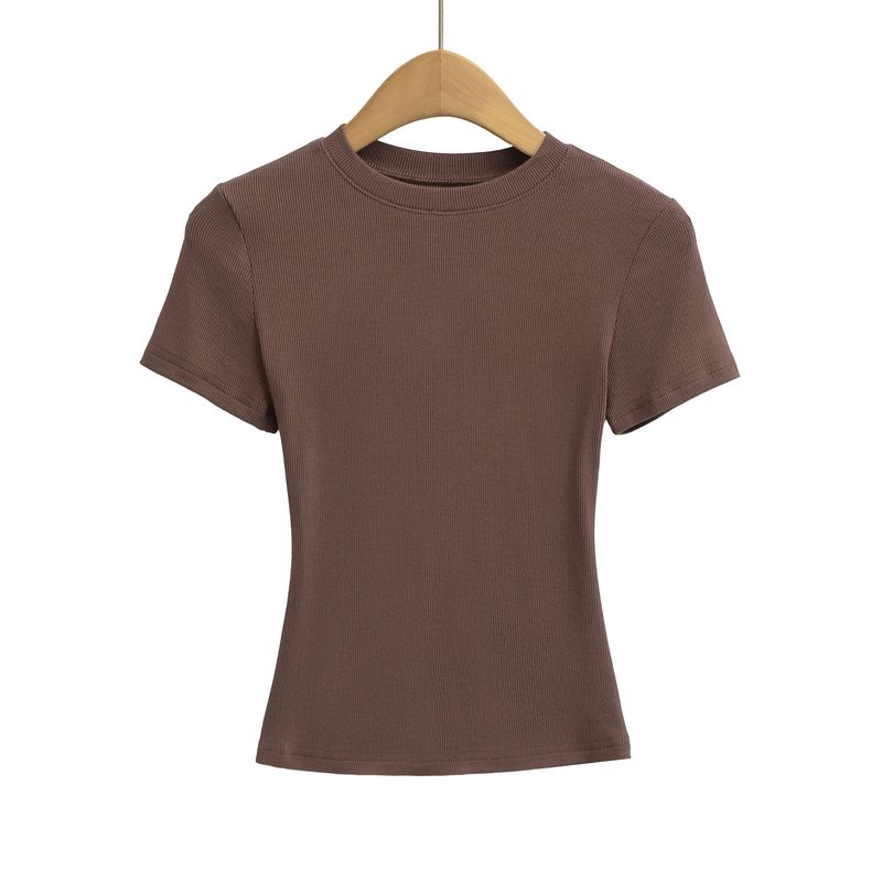 Maglietta sportiva elastica a maniche corte attillata in filo da donna, estiva, aderente, con scollo rotondo, tinta unita_voghion.com