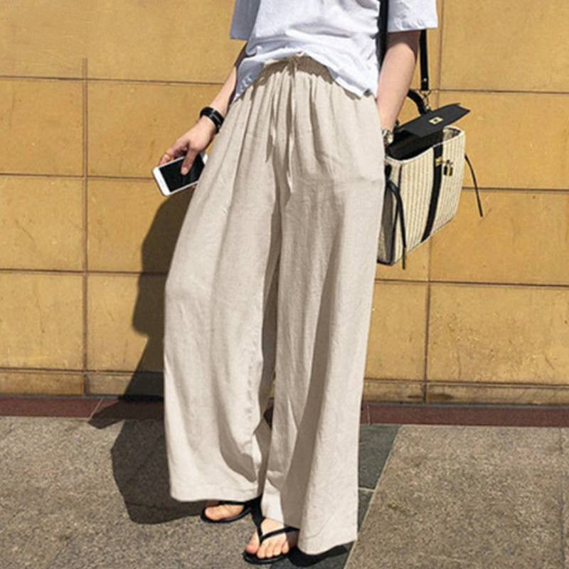 Pantaloni a gamba larga da donna, pantaloni di lino da donna alla moda a vita alta, pantaloni larghi casual in tinta unita all'ingrosso_voghion.com