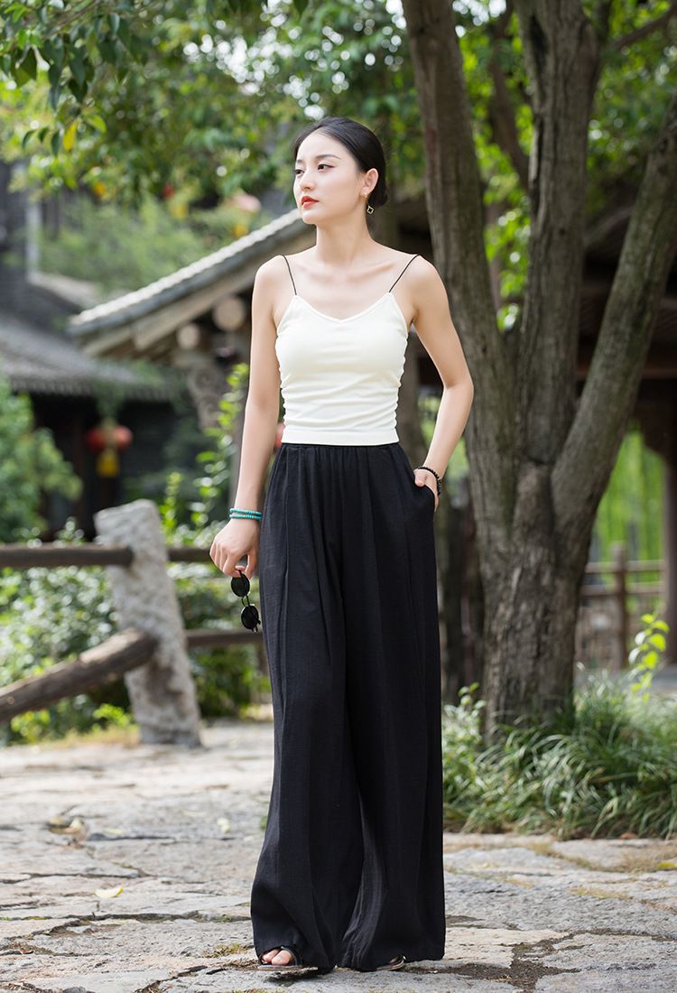 Women's Clothing Textured Linen Versatile Version Lengthen Legs Elegant and Chic Women's Skirt Pants Wide-leg Pants_voghion.com