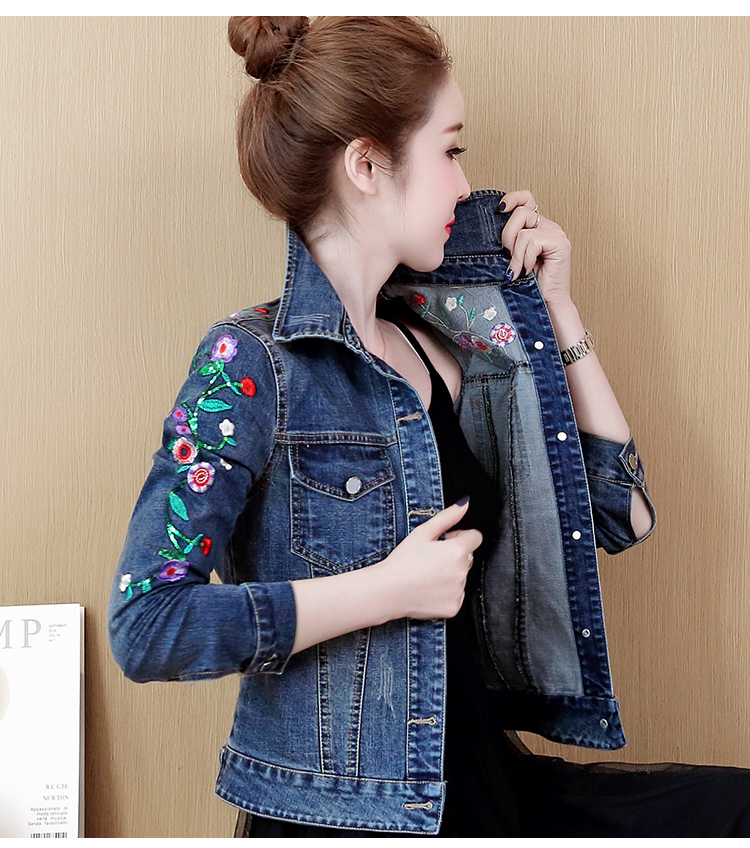 Dámský květinový výšivkový krátký denim jack elegantní jednořadý štíhlý džínový kabát jaro podzimní svrchní oblečení základní_voghion.com