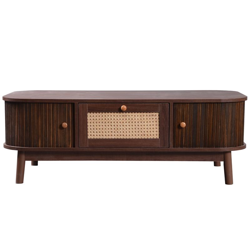 Table basse en rotin avec tiroirs et portes coulissantes, pieds en bois massif, table d'appoint de salon en osier naturel, style rustique_voghion.com