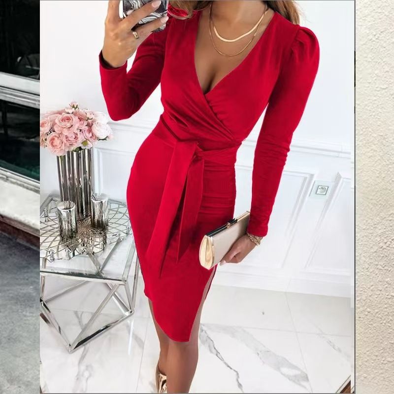 "Damen-Wickelkleid mit V-Ausschnitt und Gürtel – Dehnbares, figurbetontes Midikleid für die Arbeit und Verabredungen am Abend"_voghion.com