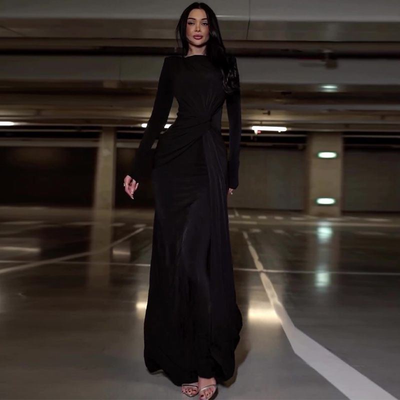 Women's Clothing Sexy Fashion Round Neck Pleated Waist Slim Fit Solid Color Temperament Dress_voghion.com