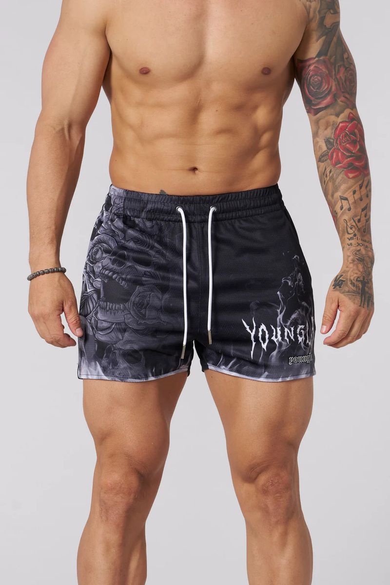 Pantaloni scurți sport pentru bărbați, cu patru puncte, cu craniu, imprimare 3D, plasă, uscare rapidă, respirabil, pentru alergare pe plajă_voghion.com