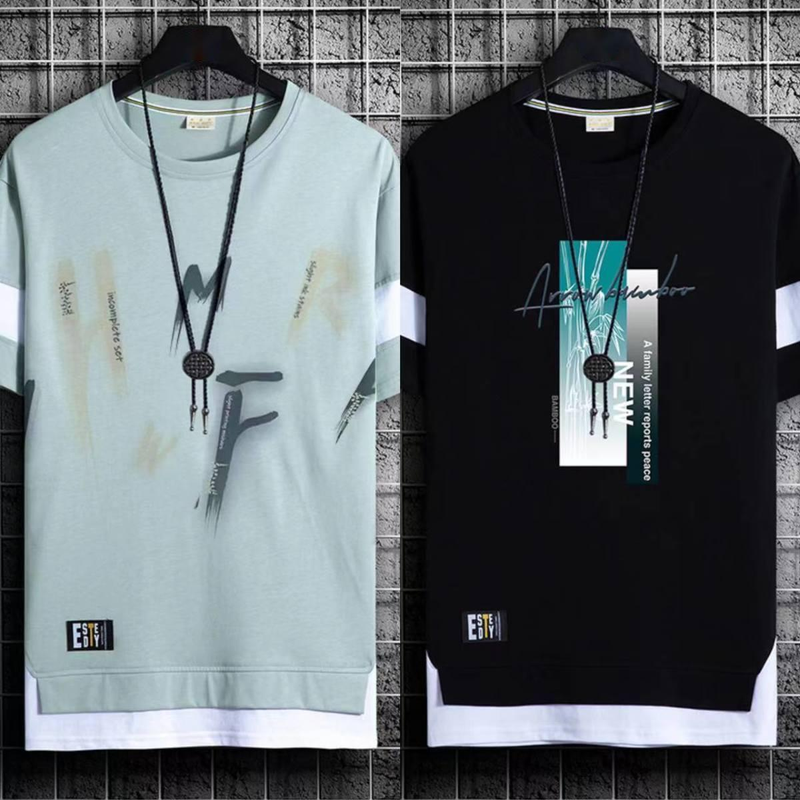 two-piece Short Trendy Brand Summer Casual Half Men's T-shirt Ice Silk Quick Drying 5/4 Medium Sleeved Clothes_voghion.com