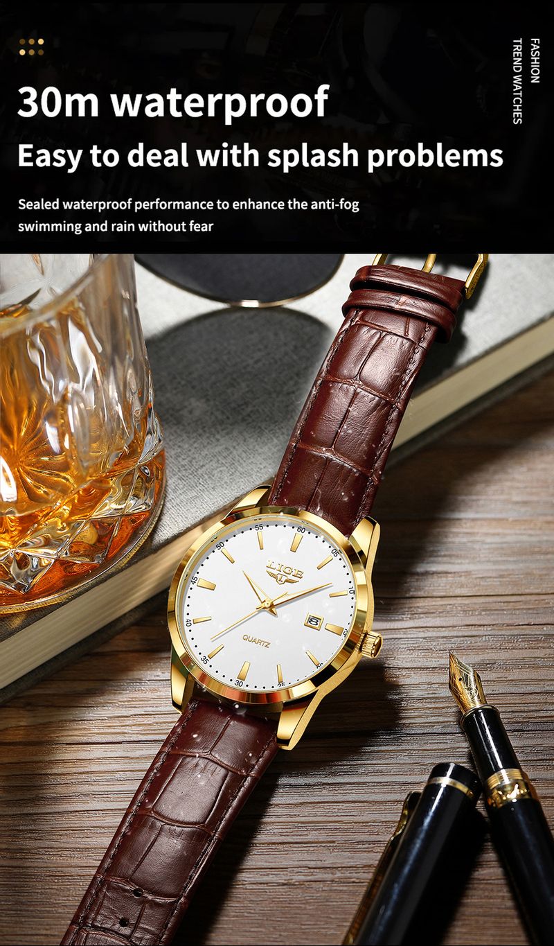 Men's Classic Quartz Watch With Leather Strap, Date Display, Luminous Hands, And 30M Water Resistance For Business And Casual Wear_voghion.com