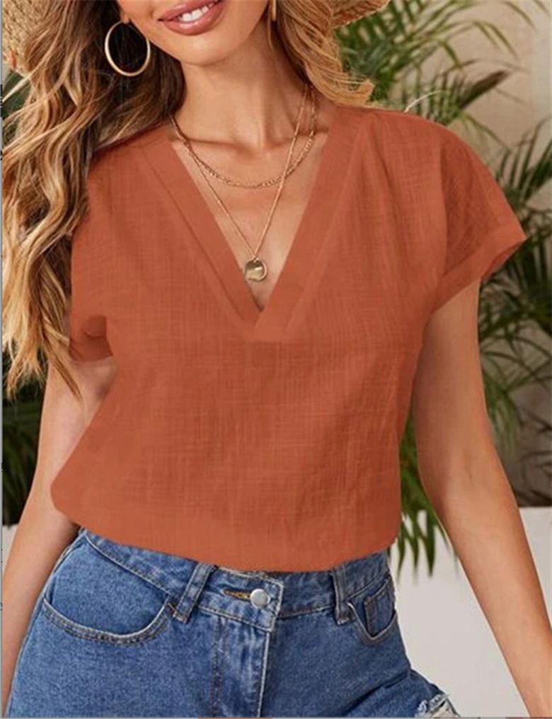 Roupas femininas Nova cor sólida algodão e linho solto manga curta gola V camisa de manga curta_voghion.com