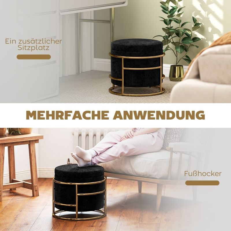 Sitzhocker Mit Verstecktem Stauraum, Gepolstert, Metallrahmen In Goldoptik, Schwarz_voghion.com