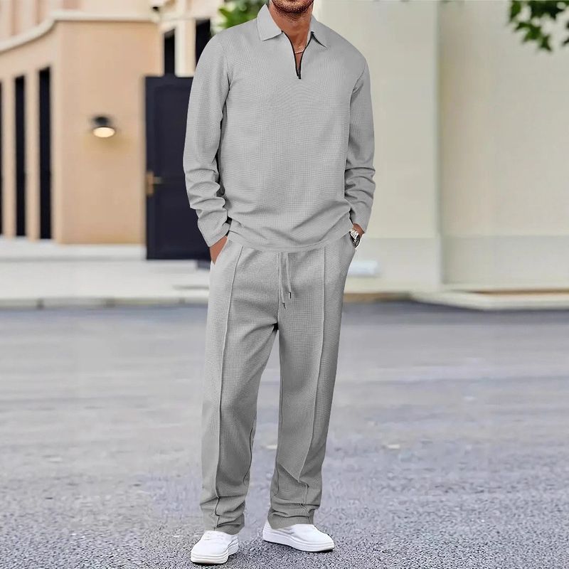 Men's Waffle Knit Half-Zip Polo Shirt & Long Pants Casual Set - Lightweight Comfort, Breathable Fabric, Stylish Autumn Outfit_voghion.com