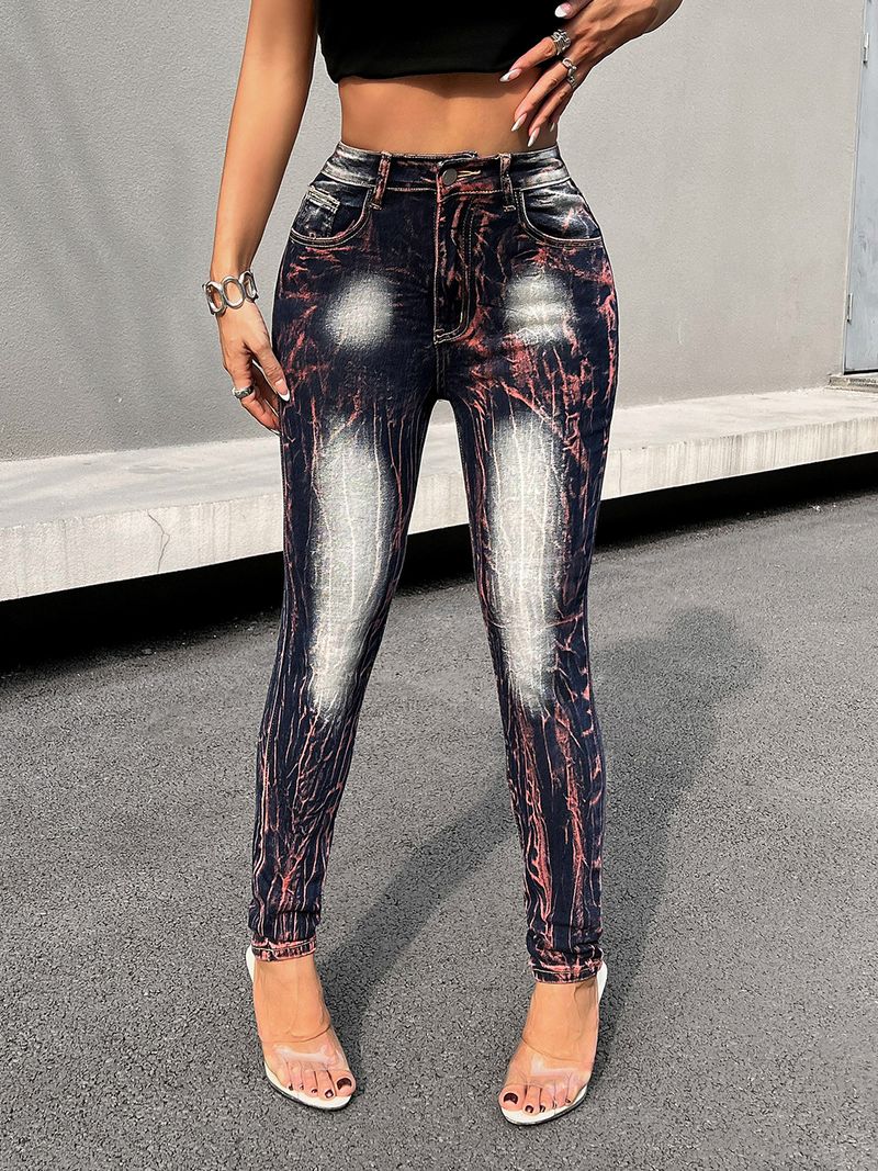 Vêtements pour femmes nouveau style délavé créatif teint par nouage taille haute élastique rehaussant les hanches pantalon en jean polyvalent pour femmes_voghion.com