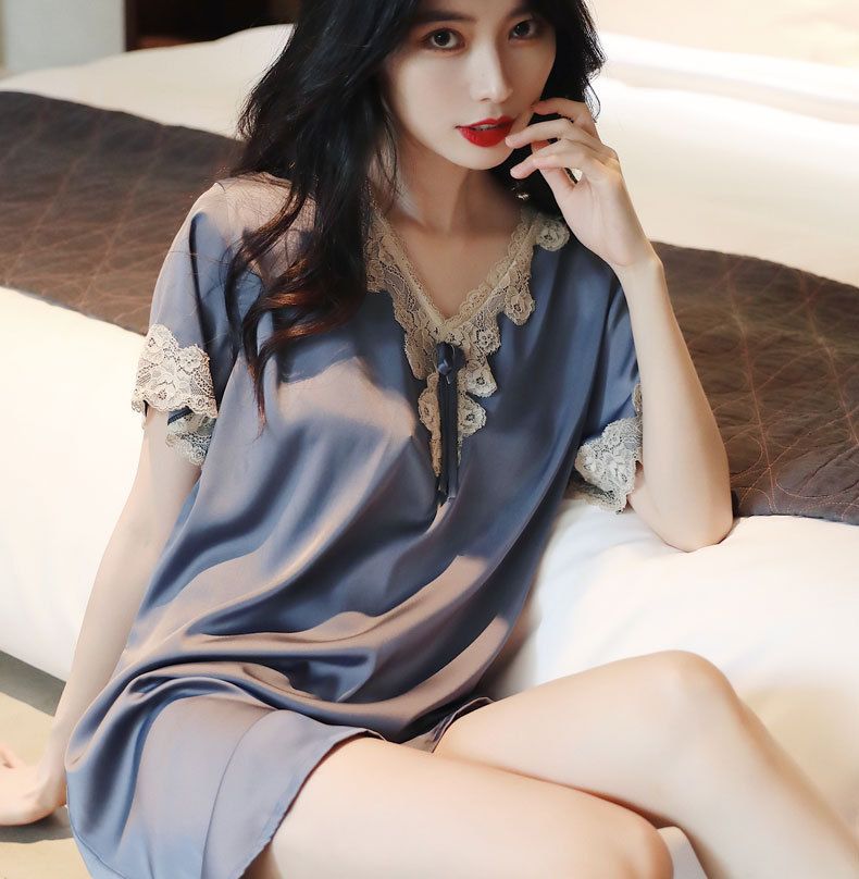 New Pajamas Women's Summer Ice Silk Loose Large Size European And Korean Version Sexy Lace Ice And Snow Silk Short-sleeved Nightdress Loungewear_voghion.com
