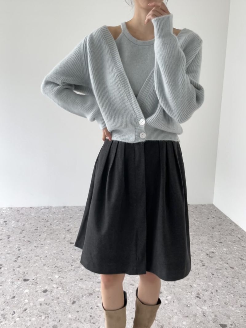Lazy Knit Cardigan Set Damen Zweiteiliger V-Ausschnitt Langarm Pullover mit offener Vorderseite und Trägerweste_voghion.com