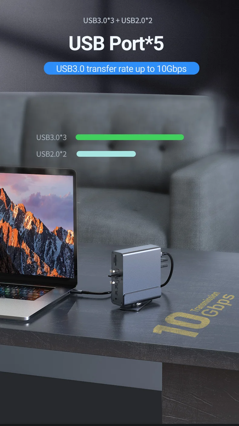 Station d'accueil 15 en 1 : hub USB-C, double adaptateur HDMI, répartiteur USB 3.0 10 Gbit/s, 4K 60 Hz, RJ45 1 000 Mbit/s, USB 3.0, alimentation 100 W._voghion.com