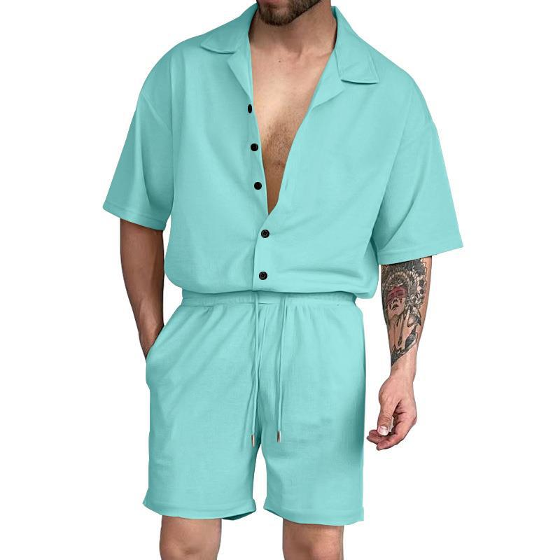 Sommeranzug, lässiges Revers, einfarbiges Hemd, Strickjacke mit Knöpfen, Kurzarm-Shorts-Set, Herren_voghion.com