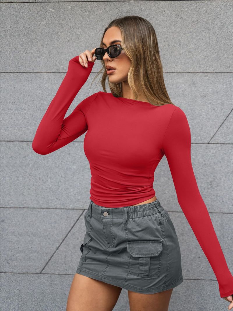 T-shirt a maniche lunghe slim fit ispirata da donna – Top girocollo con spalle scoperte in tessuto elasticizzato in seta di latte, versatile per autunno e inverno_voghion.com