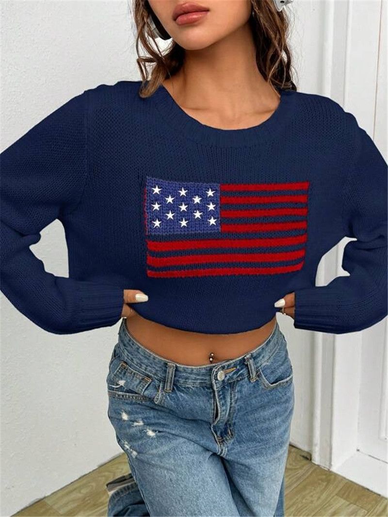 Women's Clothing New Loose Round Neck Flag Pattern Simple Versatile Knitted Sweater_voghion.com