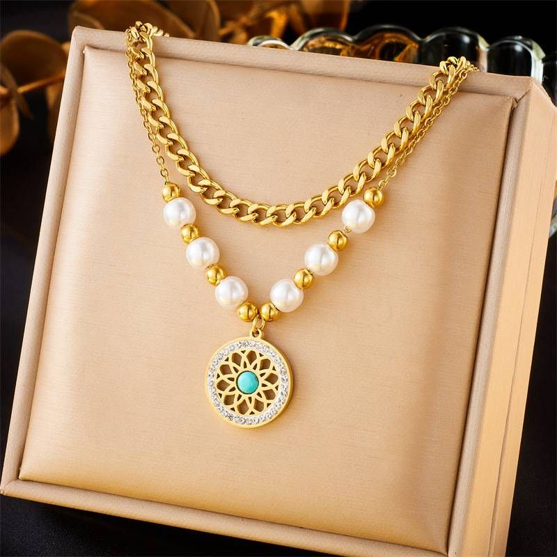 Stylish Retro Inlaid Pearl Love Cross Eyes Turquoise Pendant Double Stainless Steel Necklace_voghion.com