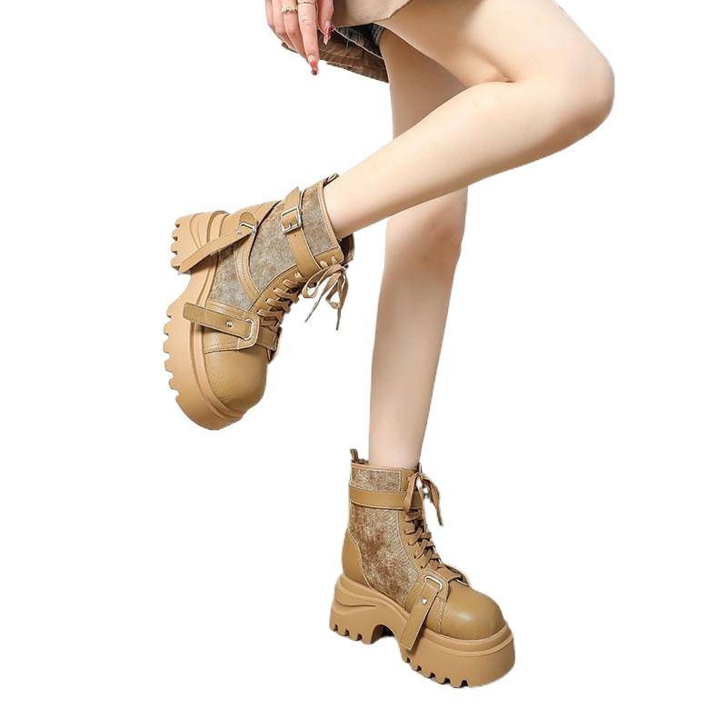 Scarpe da donna larghe e extra large, stile britannico, in pelle di vacchetta, suola spessa, fibbia della cintura, stivali bassi con plateau e patchwork_voghion.com