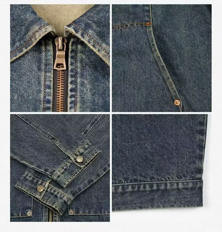 Giacca casual da uomo in denim con cerniera, ampia tasca e colletto rovesciato, tinta unita, primavera e autunno 2025_voghion.com