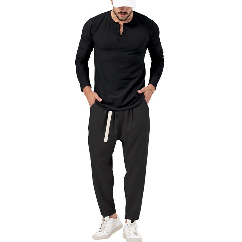 Men's solid color casual long-sleeved Henry T-shirt pantsuit_voghion.com