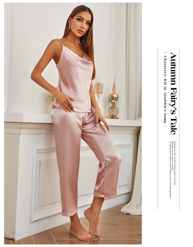 Dameskleding losse zijden mouwloze kleding, tweedelige jarretelbroekset voor thuis, lichte en comfortabele damespyjamaset_voghion.com