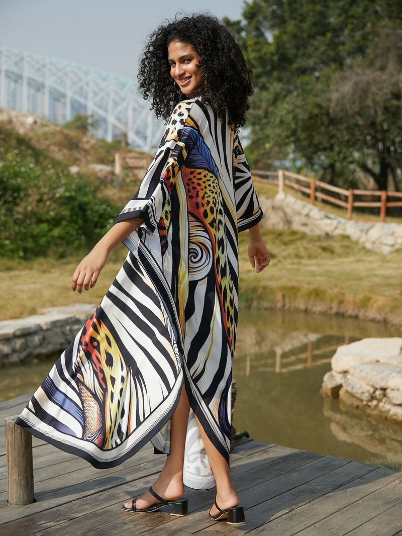 Beach Cover-Up Dress – Flowy Long Bikini Robe With Exotic Prints (Peacock/Abstract/Feather, One Size)_voghion.com