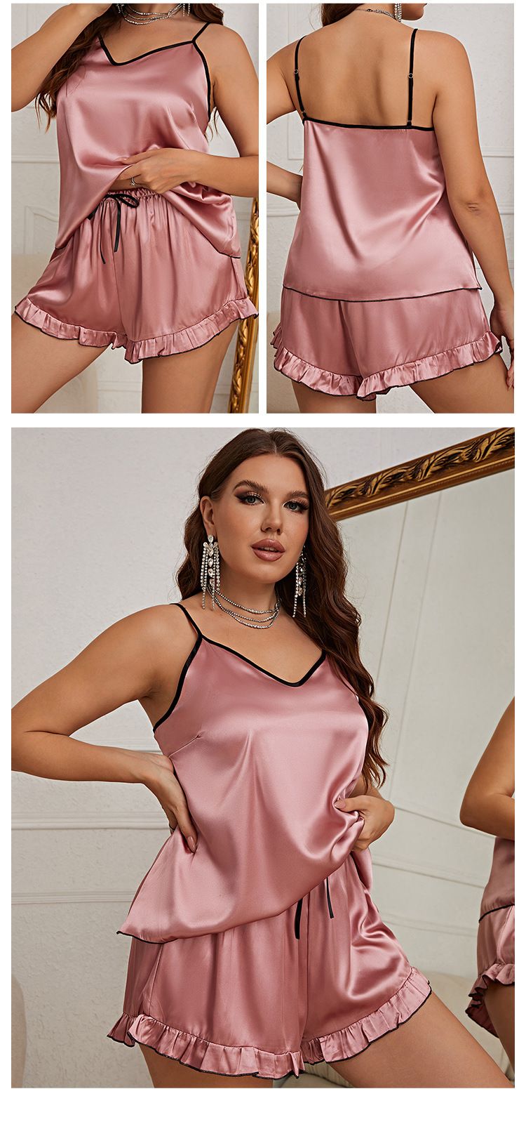 Women's clothing sexy imitation silk women's pajamas plus size suit V-neck camisole sleeveless shorts home wear ice silk_voghion.com