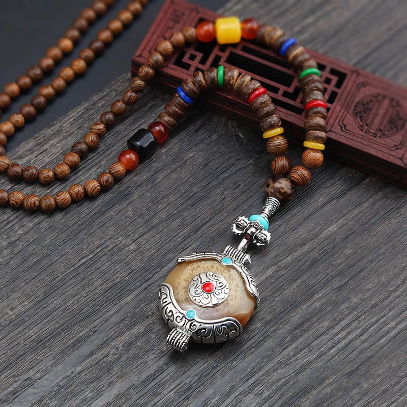 Collana lunga per maglione in stile etnico, ciondolo Bodhi, collana con perline di legno, accessori con ciondolo in cotone e lino per uomo e donna_voghion.com
